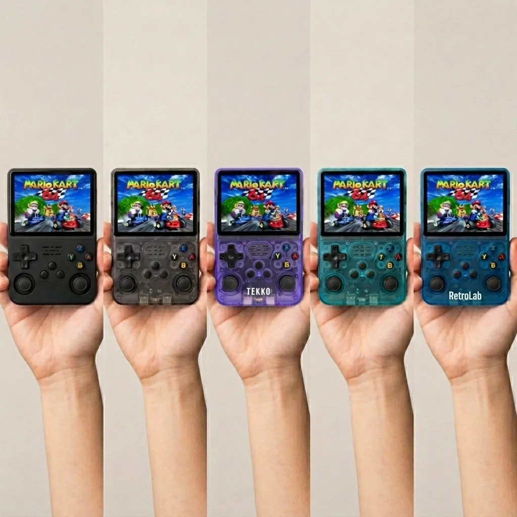 All five retro handhelds held up side by side, each powered on and running Mario Kart 64