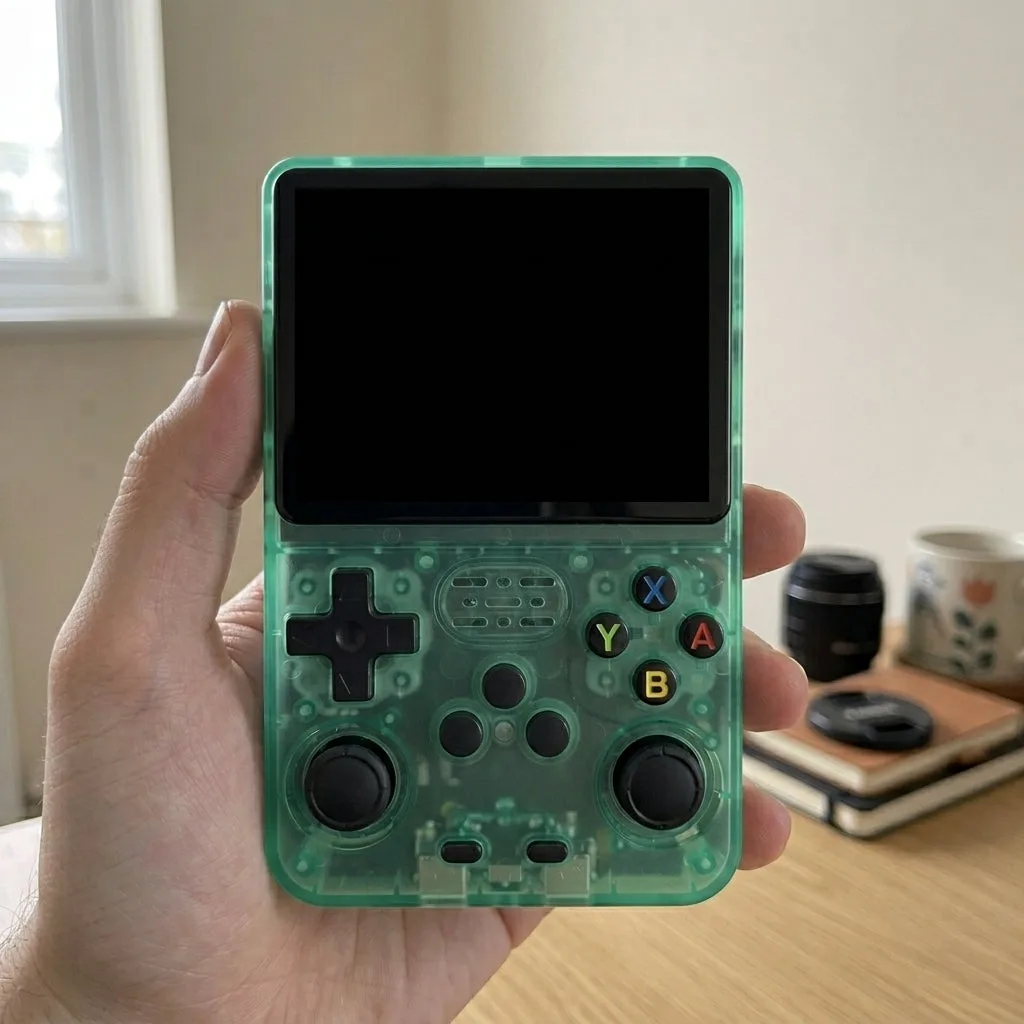 Unit 03, the green AliExpress unit, held in the same hand with a dead black screen